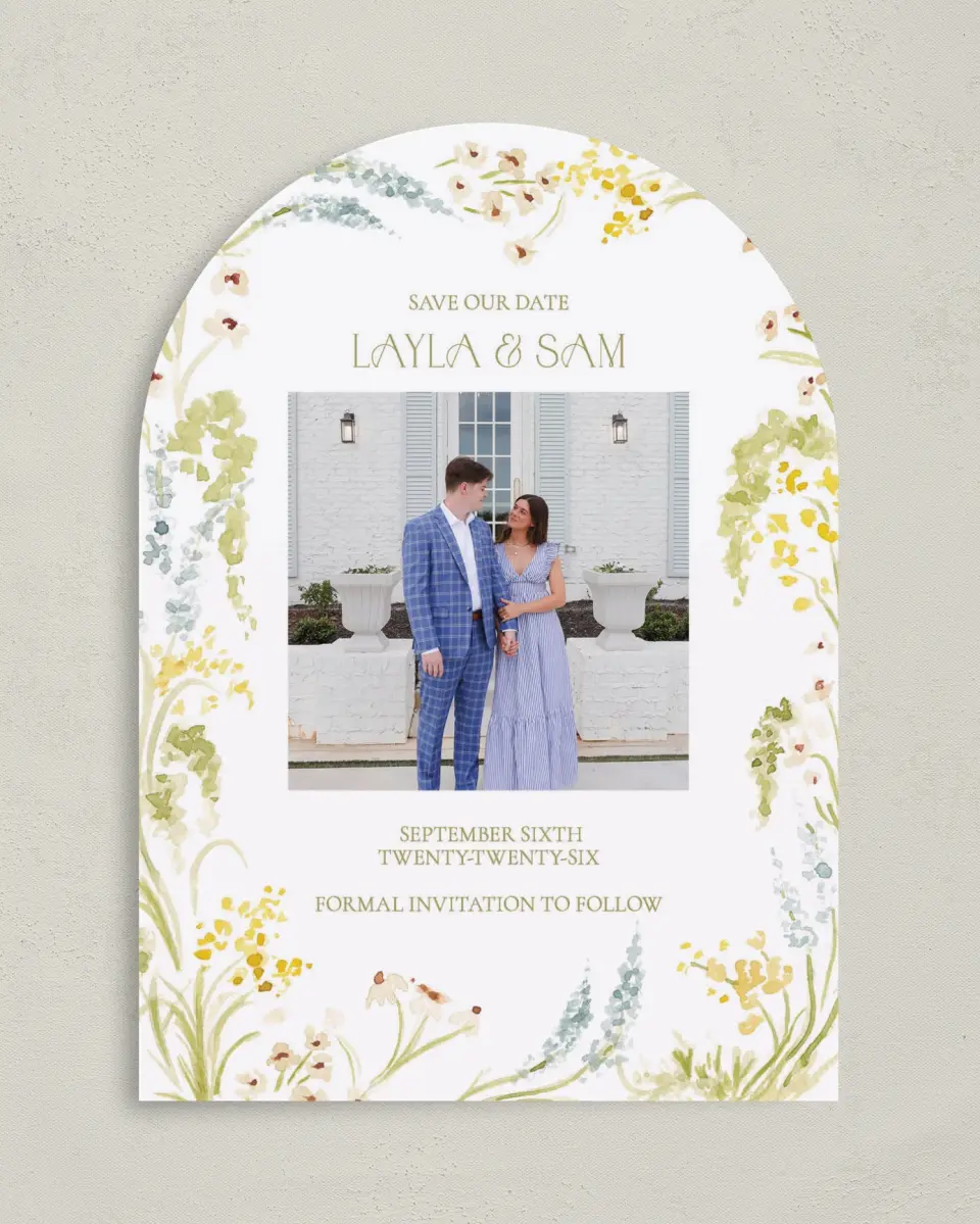 This is a 5" x 7" Arch Save the Date called Forever in Bloom printed in full color on Premium Smooth paper