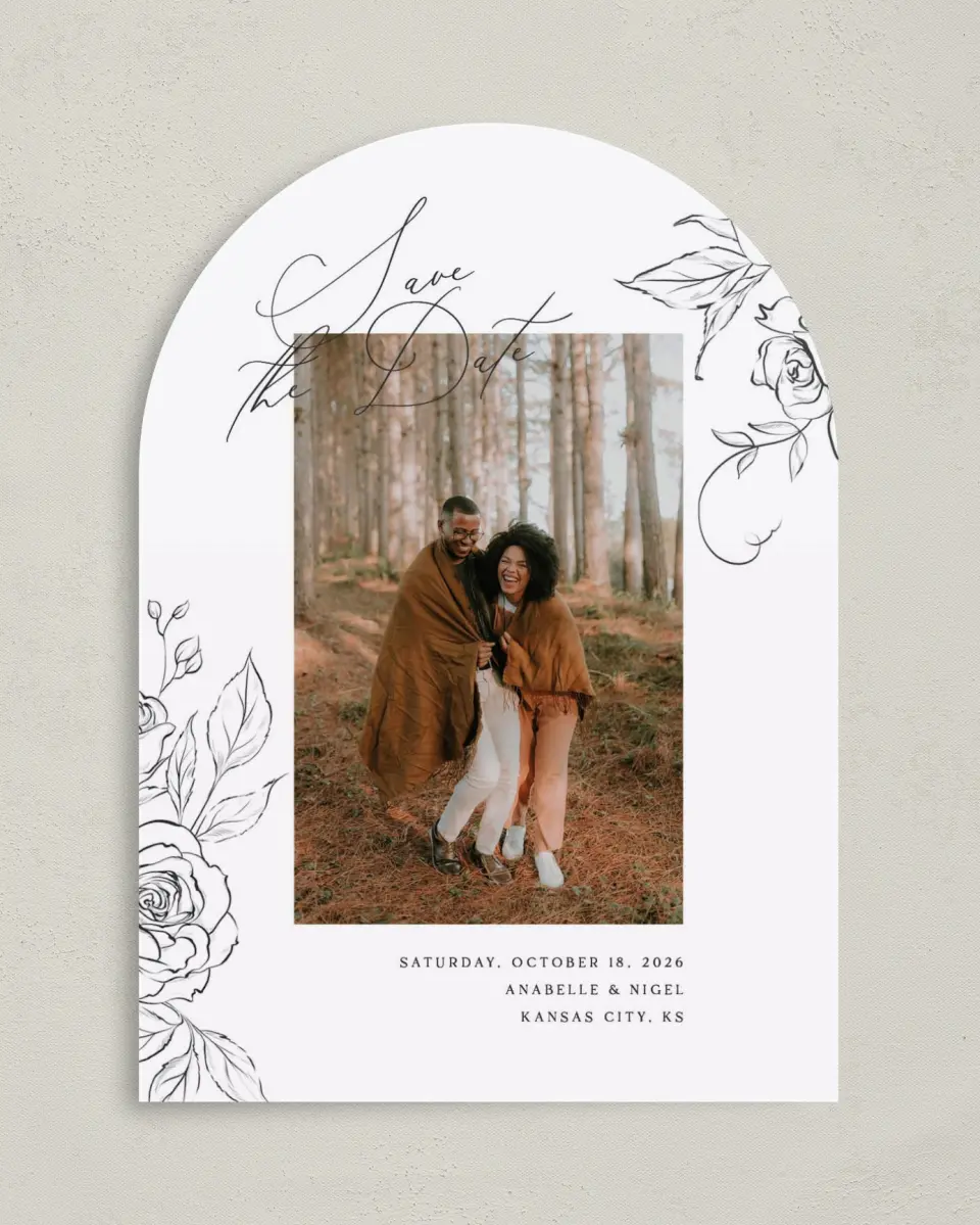 This is a 5" x 7" Arch Save the Date called The Anabelle printed in full color on Premium Smooth paper