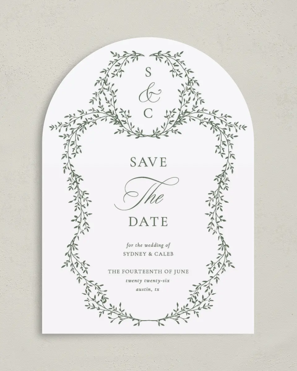 This is a 5" x 7" Arch Save the Date called Elegant Frame printed in full color on Premium Smooth paper