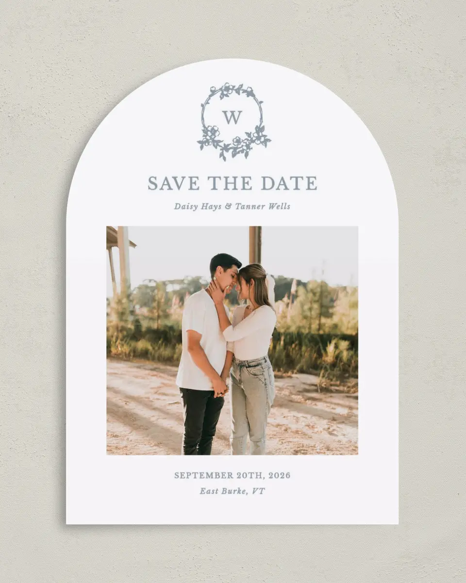 This is a 5" x 7" Arch Save the Date called Flowering Frame printed in full color on Premium Smooth paper