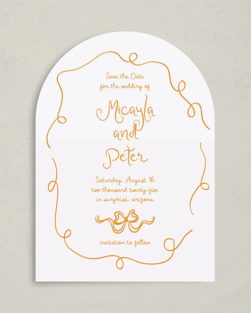 This is a 5" x 7" Arch Save the Date called The Micayla printed in full color on Premium Smooth paper