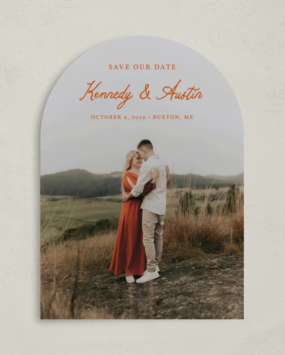 This is a 5" x 7" Arch Save the Date called The Kennedy printed in full color on Premium Smooth paper