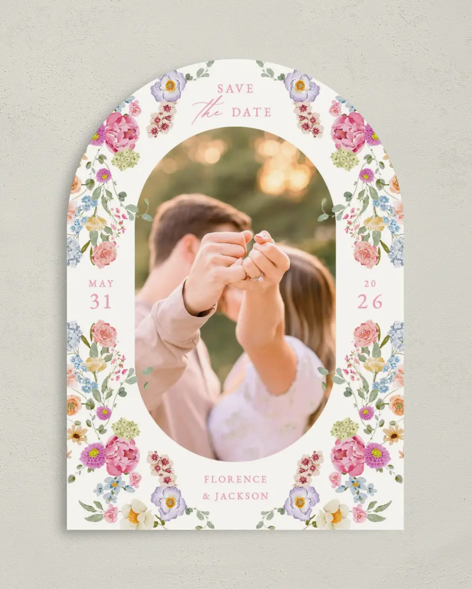 This is a 5" x 7" Arch Save the Date called The Florence printed in full color on Premium Smooth paper