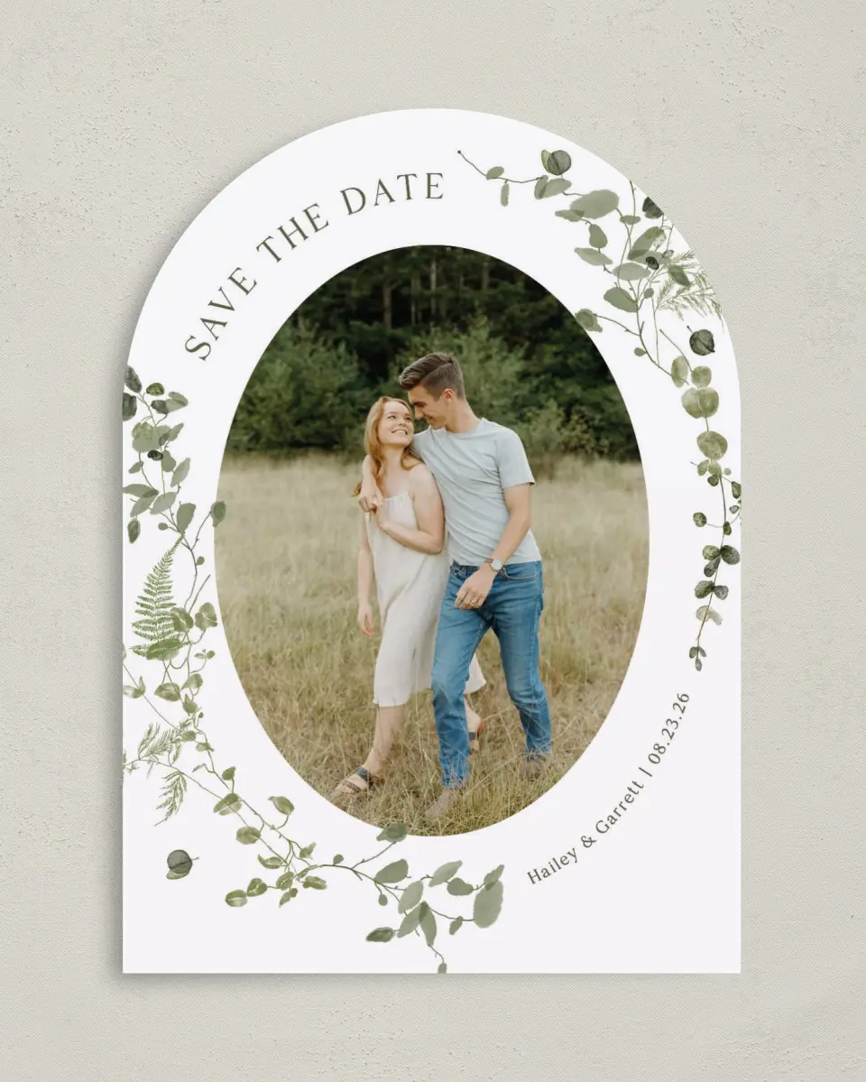 This is a 5" x 7" Arch Save the Date called The Hailey printed in full color on Premium Smooth paper