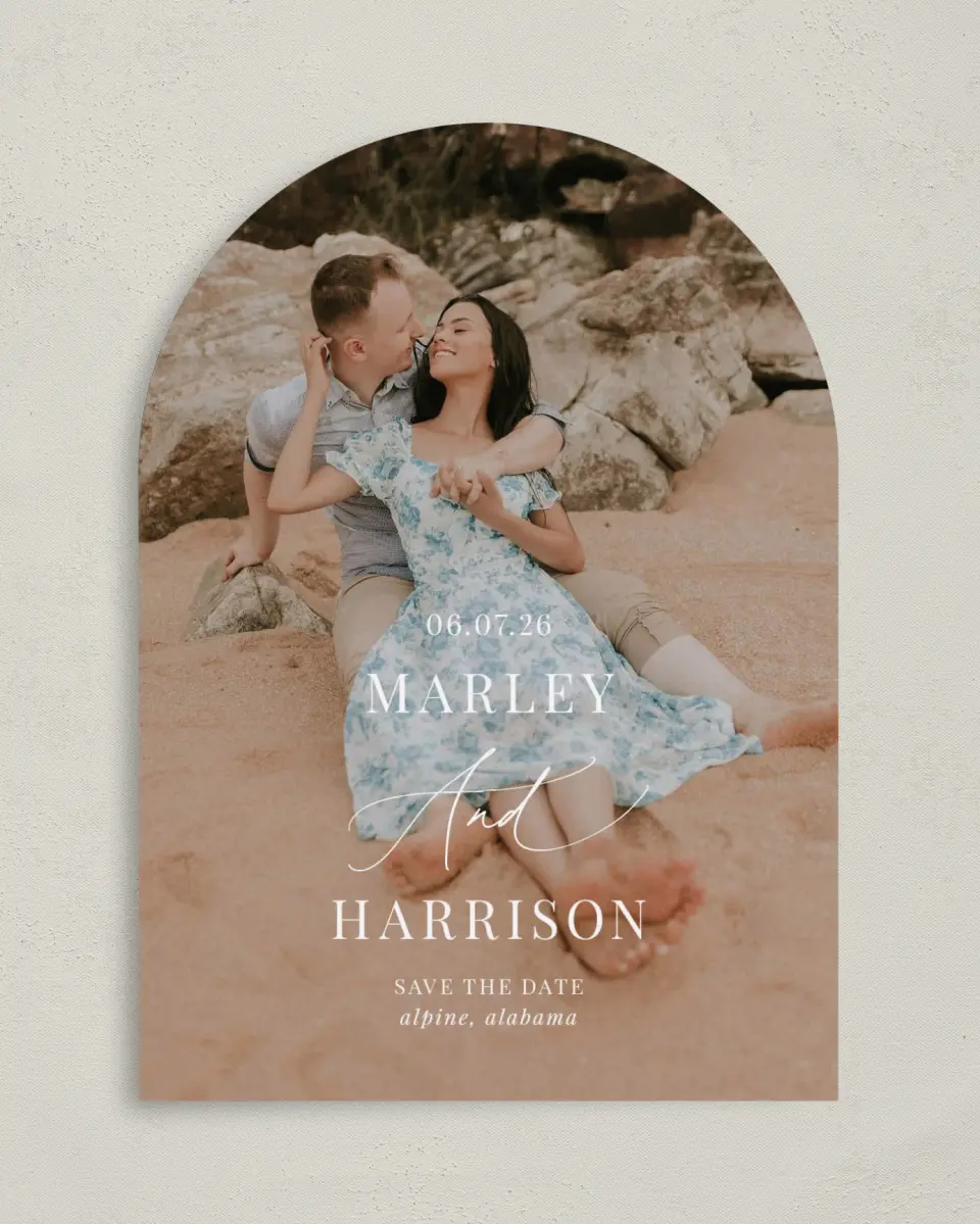 This is a 5" x 7" Arch Save the Date called Blue Blossoms printed in full color with Silver foil on Luxe Satin paper