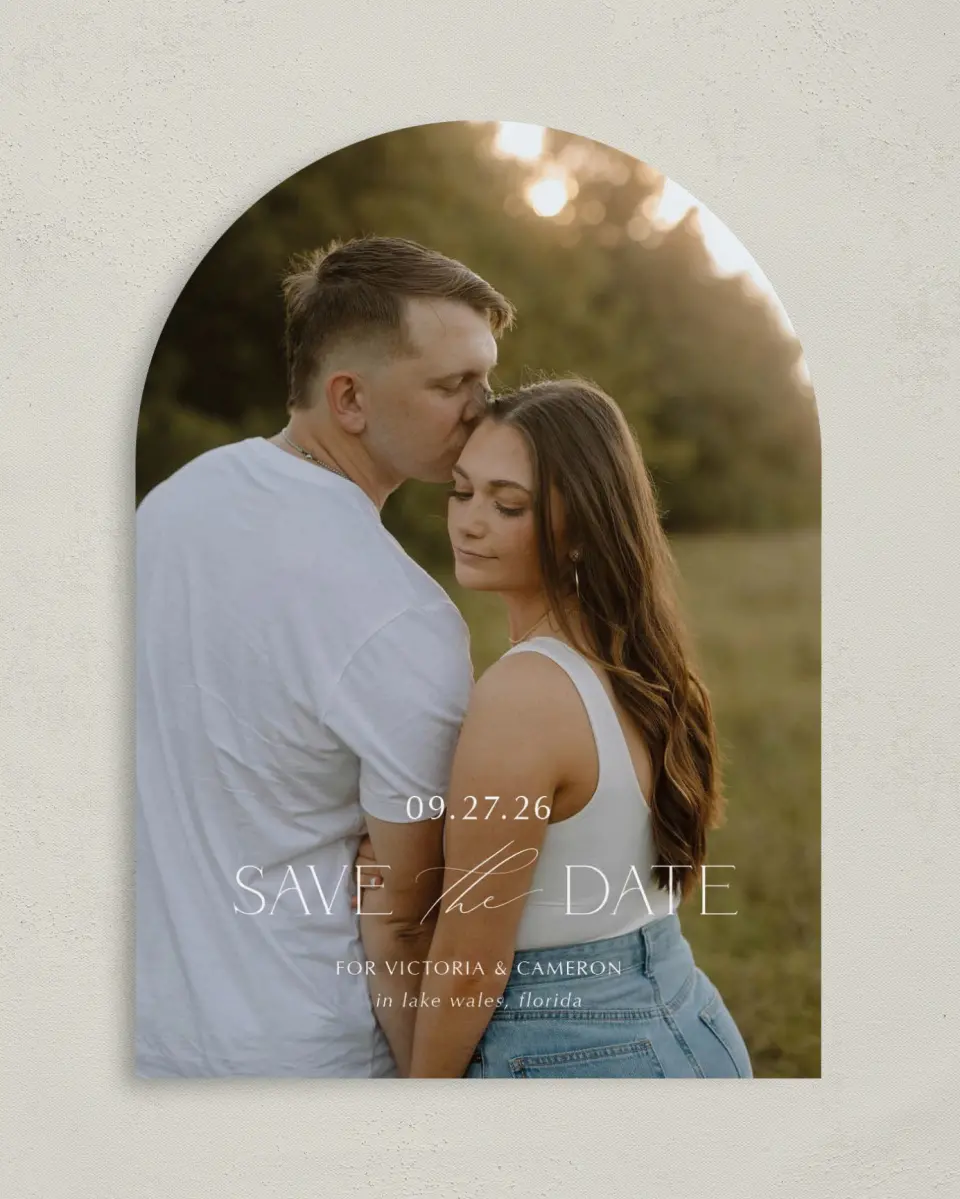 This is a 5" x 7" Arch Save the Date called The Victoria printed in full color on Premium Smooth paper