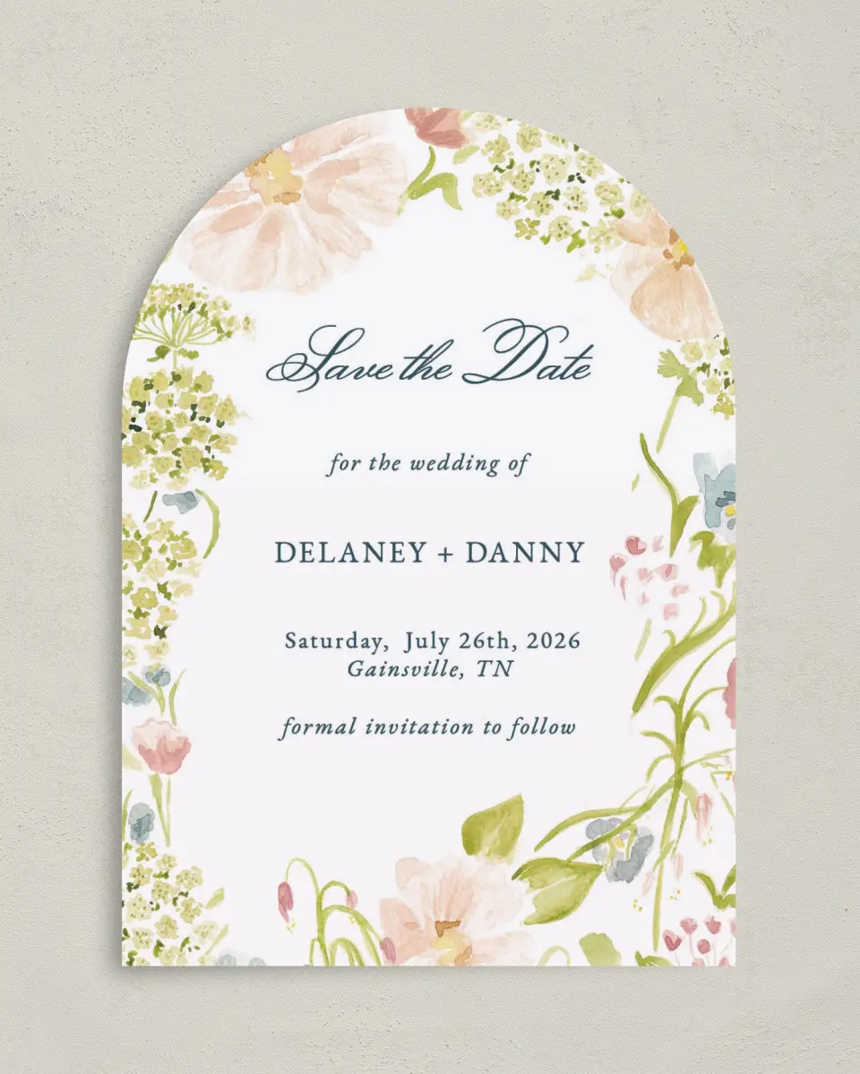 This is a 5" x 7" Arch Save the Date called Garden of Vows printed in full color on Premium Smooth paper