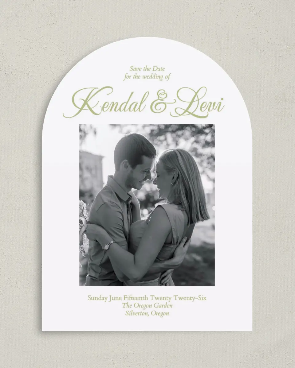 This is a 5" x 7" Arch Save the Date called Southern Belle printed in full color on Premium Smooth paper