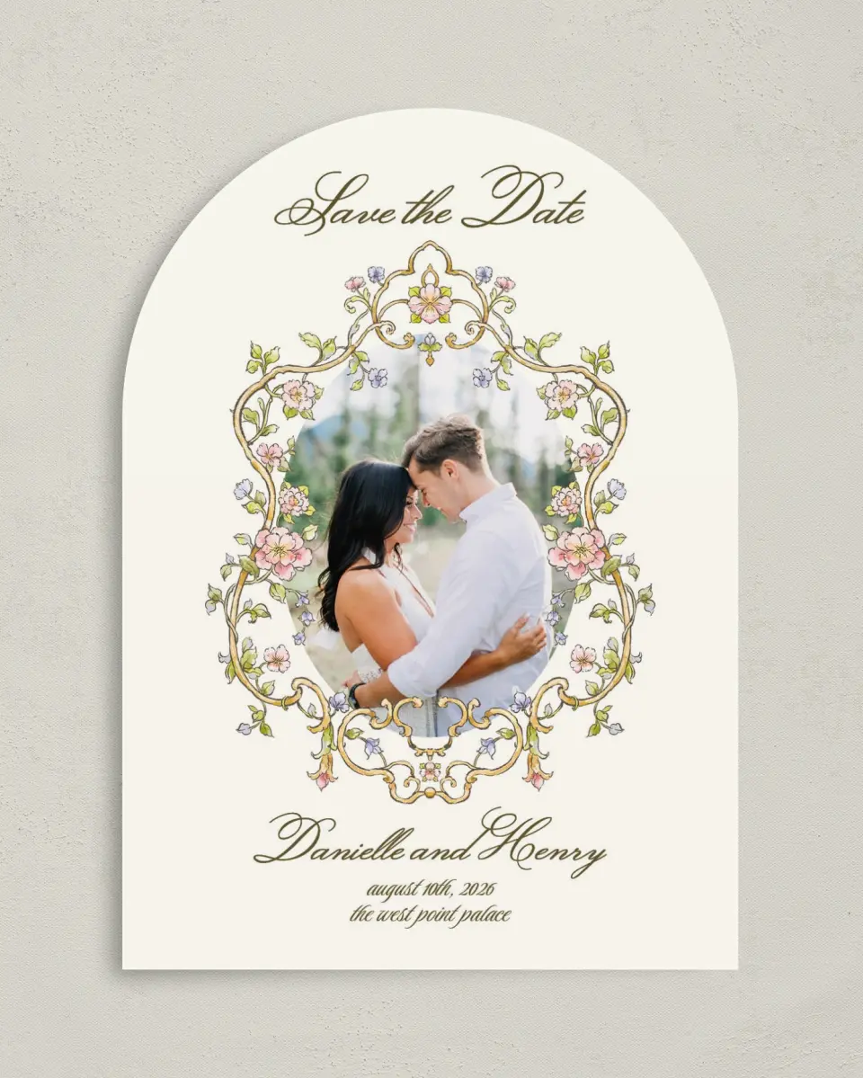 This is a 5" x 7" Arch Save the Date called Ever After printed in full color on Premium Smooth paper
