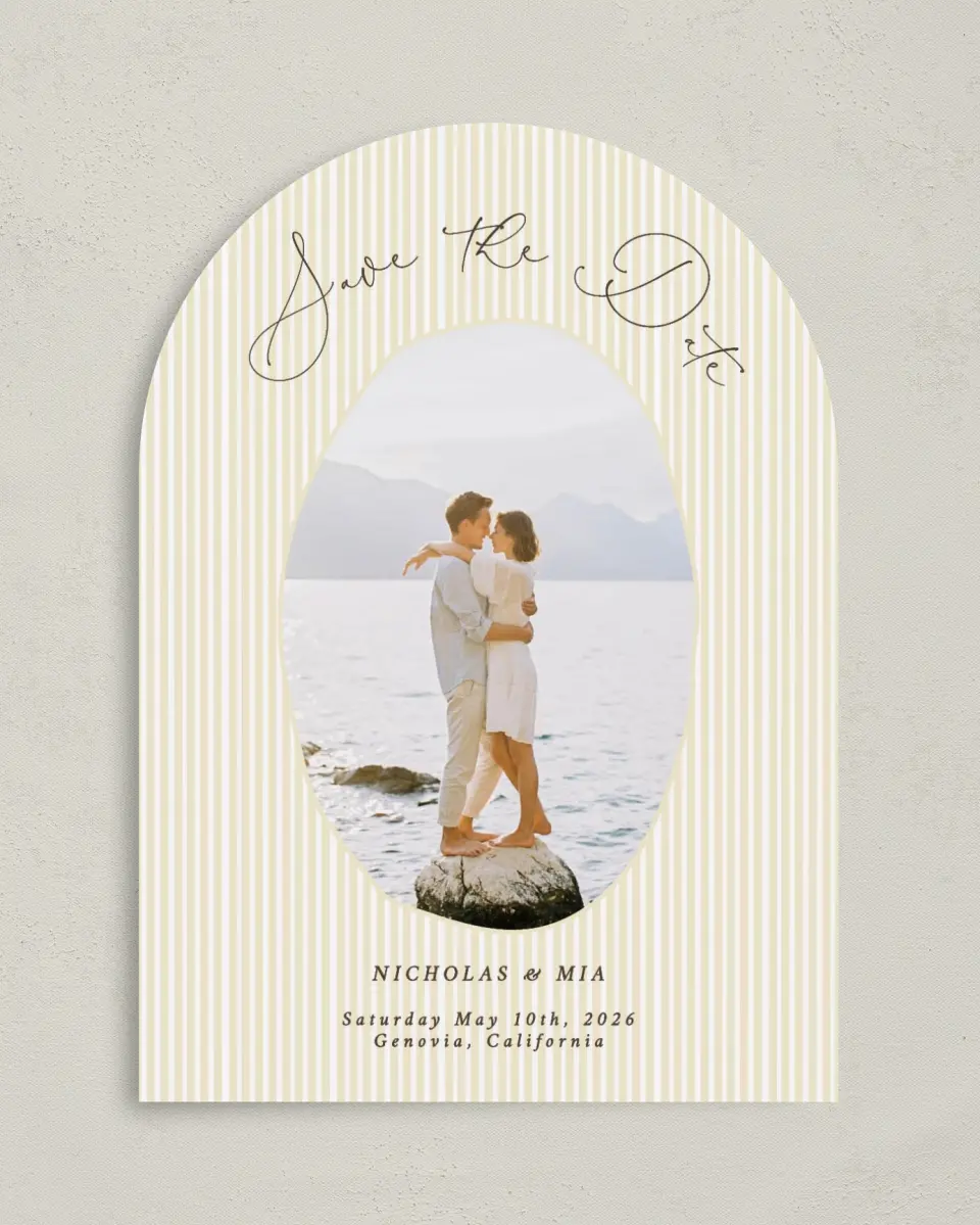 This is a 5" x 7" Arch Save the Date called Royal Glory printed in full color on Premium Smooth paper