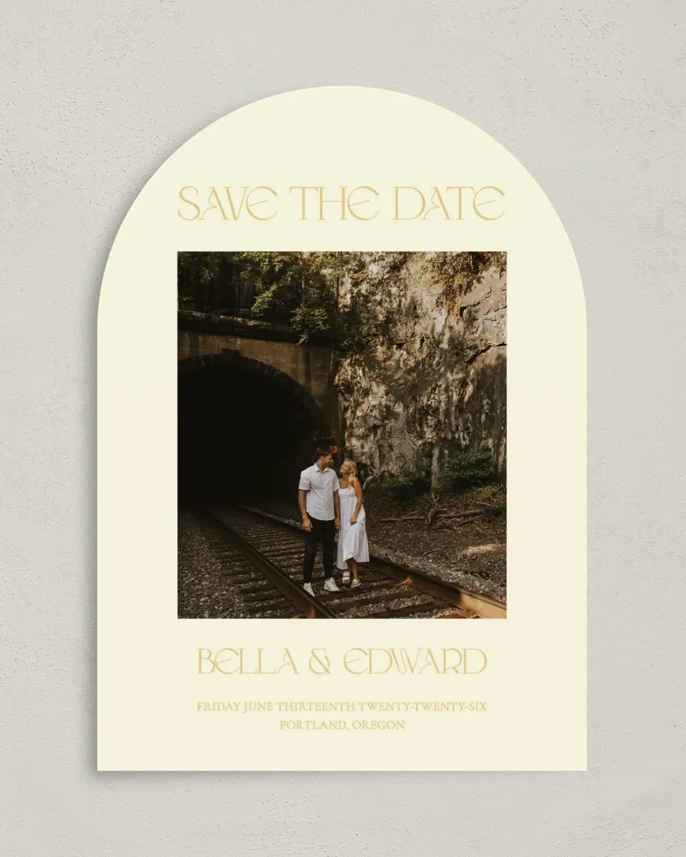 This is a 5" x 7" Arch Save the Date called Water Lily printed in full color on Premium Smooth paper