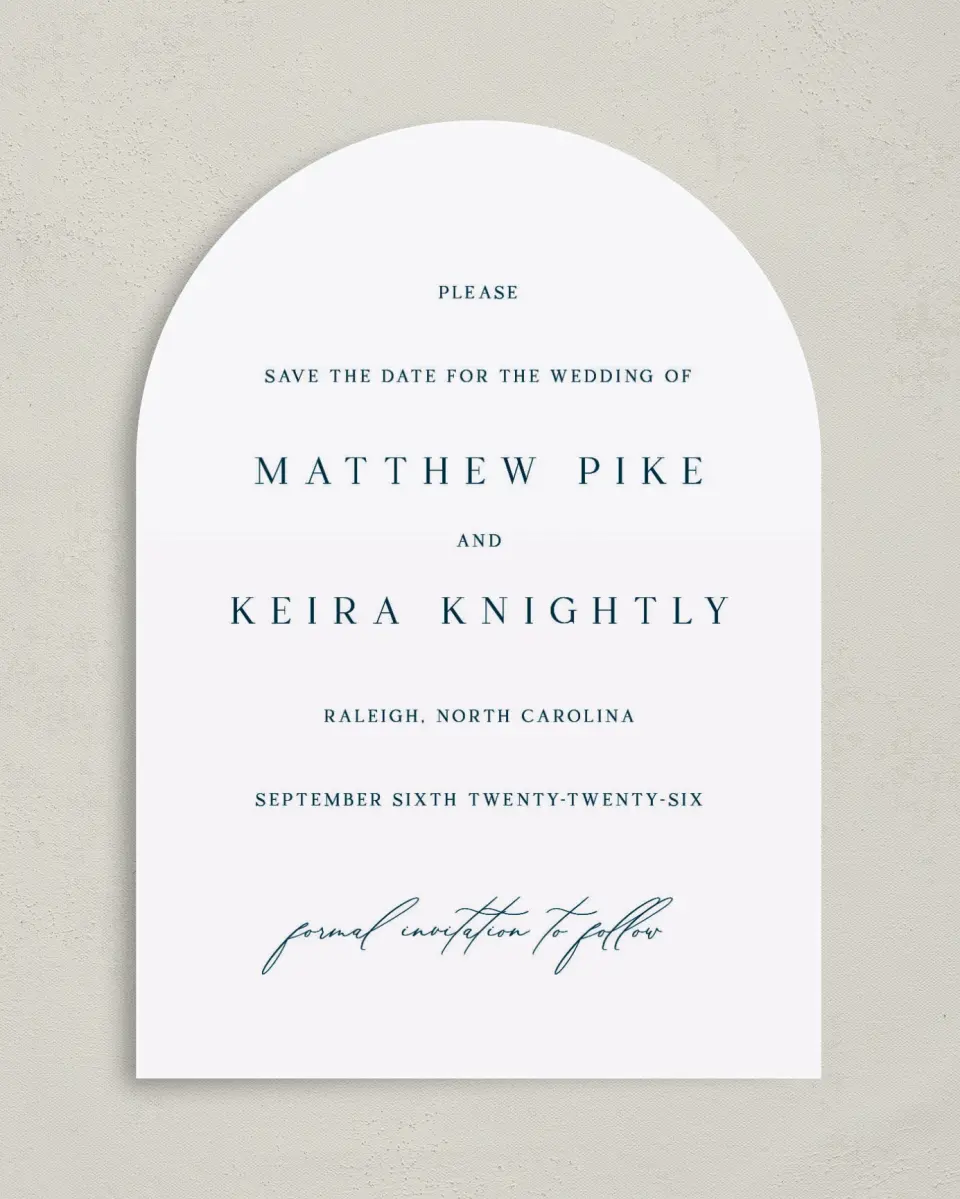 This is a 5" x 7" Arch Save the Date called Bridge To Love printed in full color on Premium Smooth paper