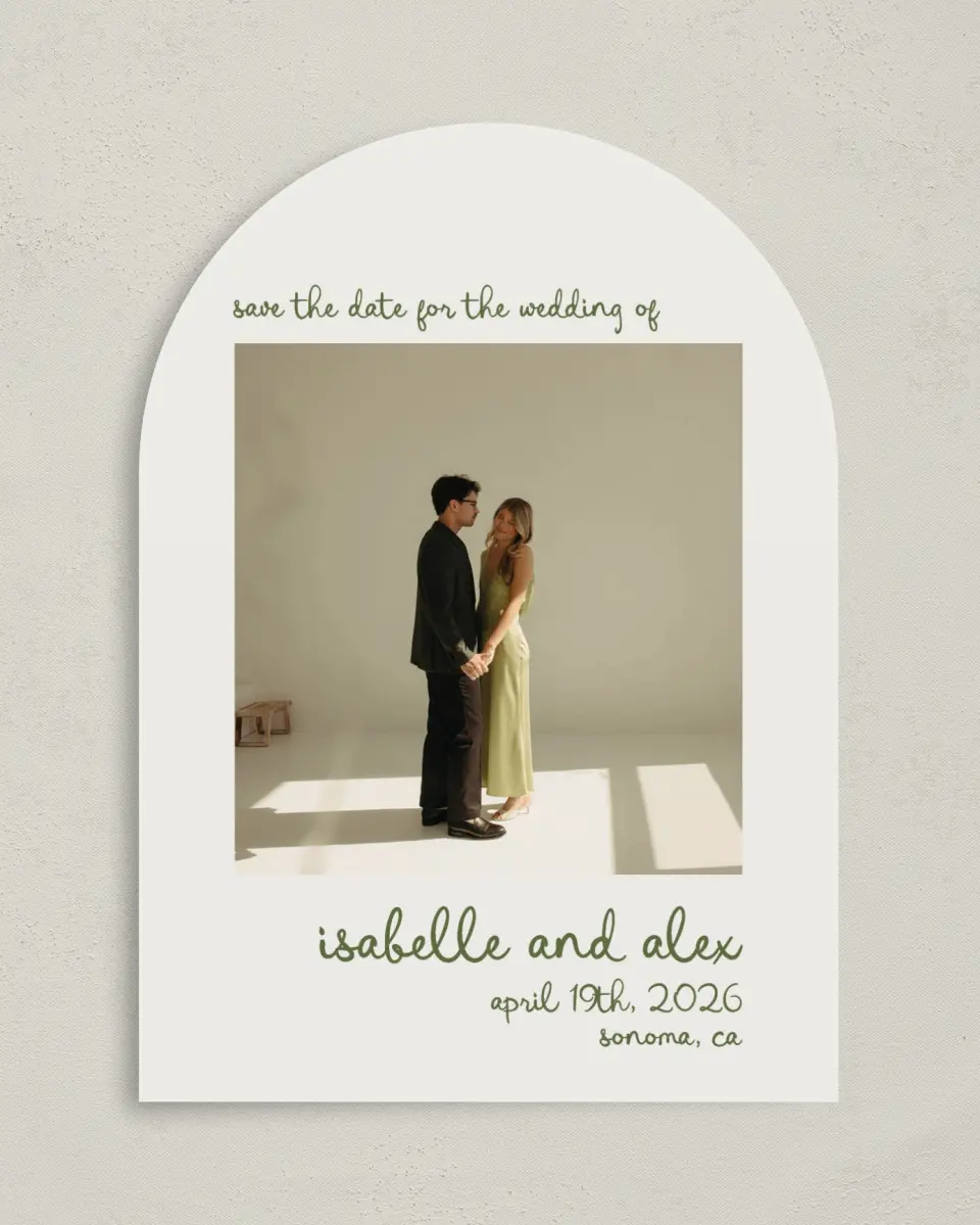 This is a 5" x 7" Arch Save the Date called Sweet Woodland printed in full color on Premium Smooth paper