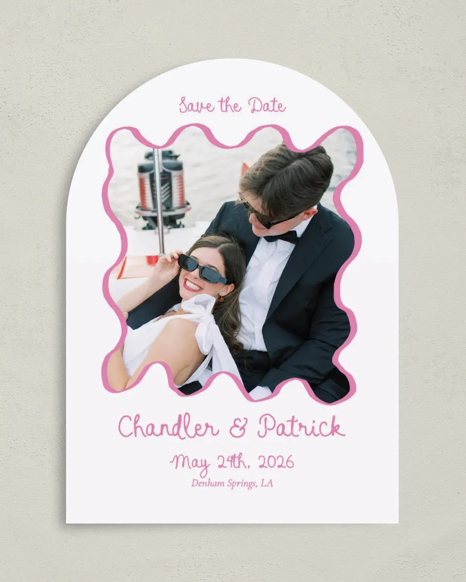 This is a 5" x 7" Arch Save the Date called Swan Love printed in full color on Premium Smooth paper