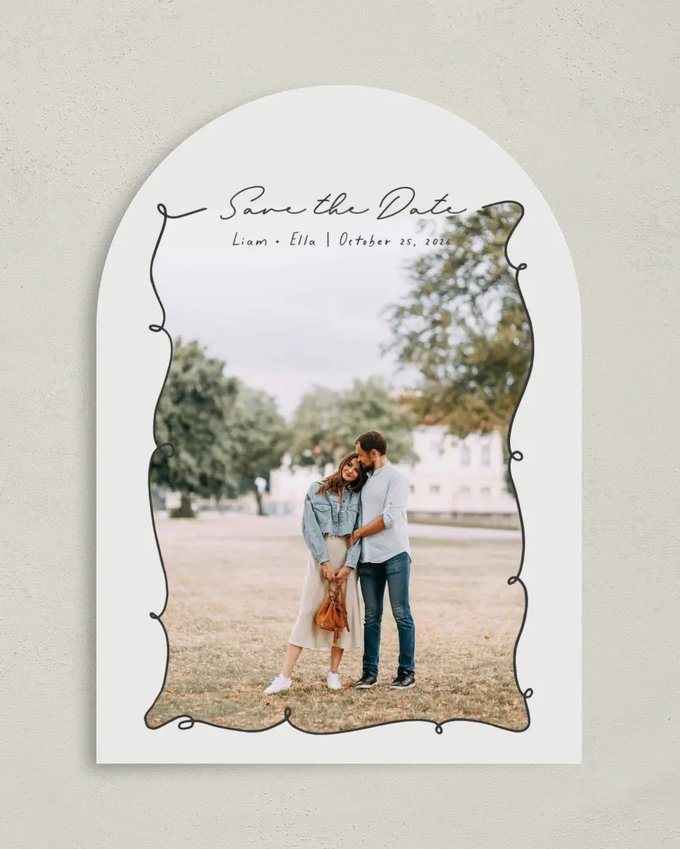 This is a 5" x 7" Arch Save the Date called Locket of Love printed in full color on Premium Smooth paper