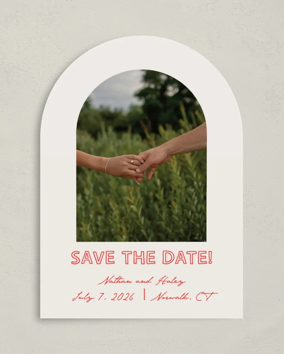 This is a 5" x 7" Arch Save the Date called Bold & Bright printed in full color on Premium Smooth paper