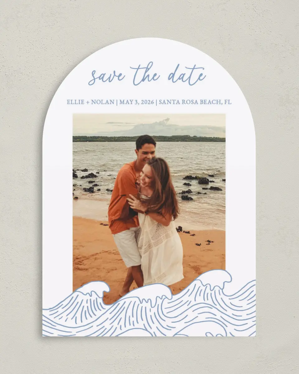This is a 5" x 7" Arch Save the Date called Wave of Love printed in full color on Premium Smooth paper