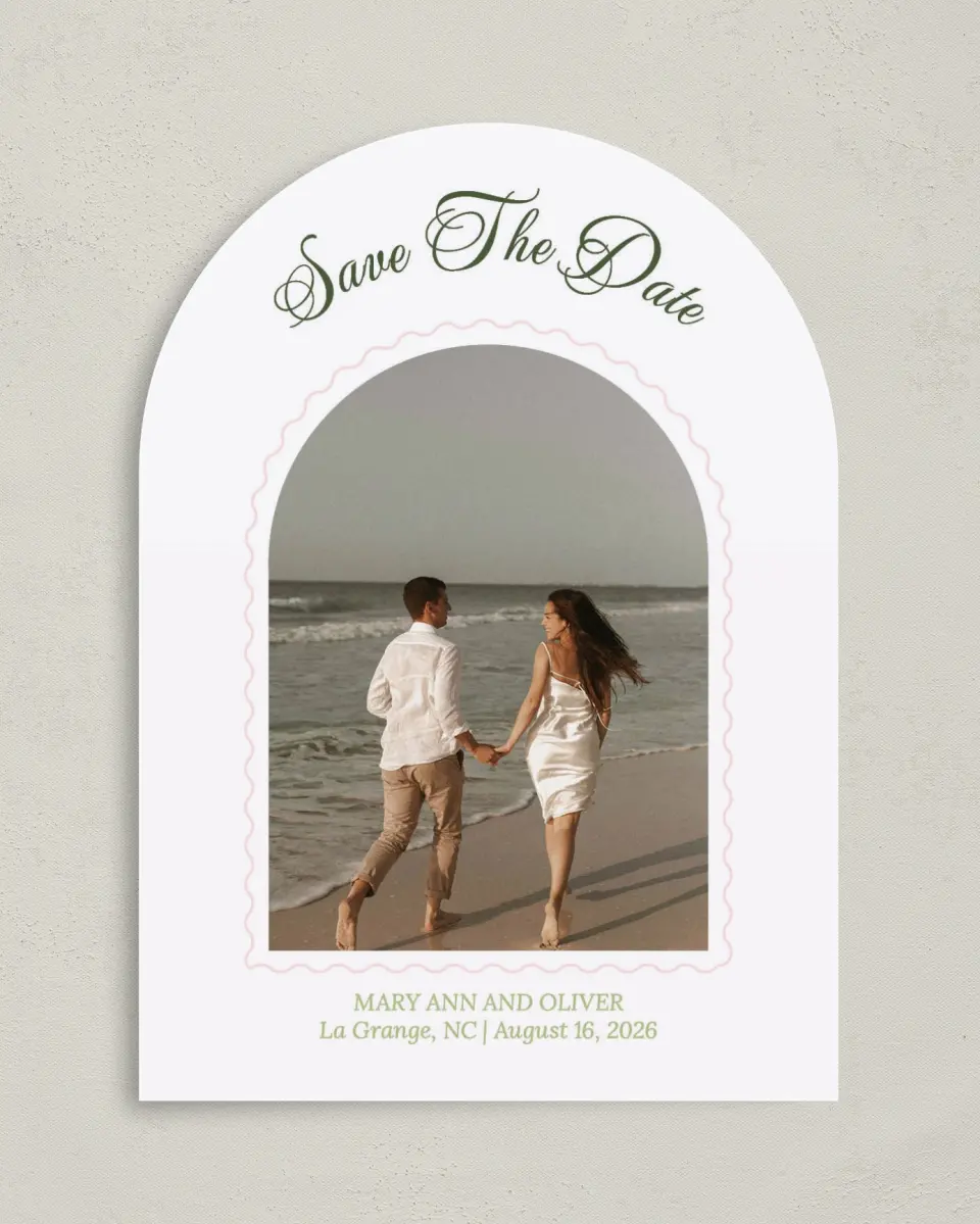 This is a 5" x 7" Arch Save the Date called Palm Paradise printed in full color on Premium Smooth paper