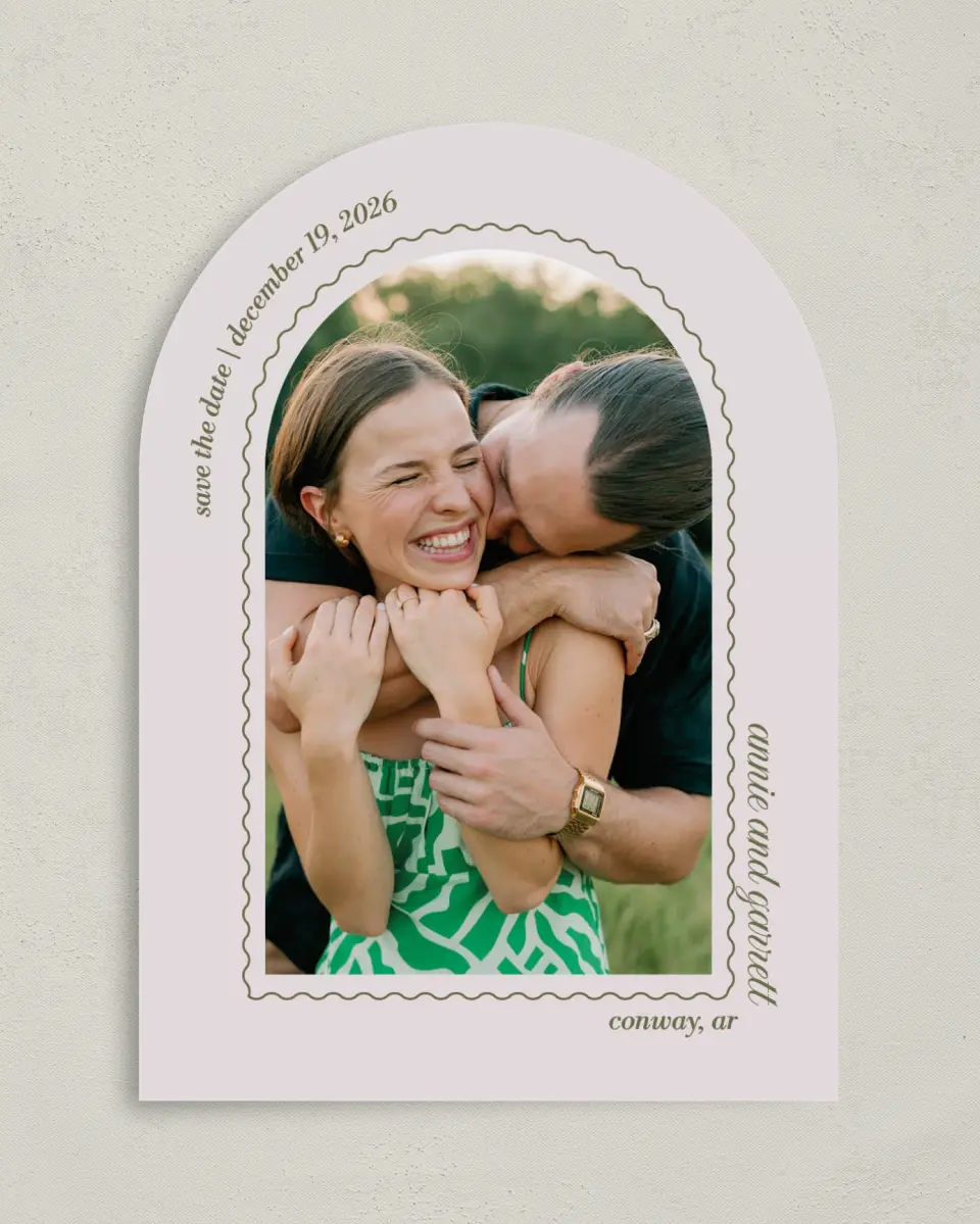 This is a 5" x 7" Arch Save the Date called Meadow of Merriment printed in full color on Premium Smooth paper