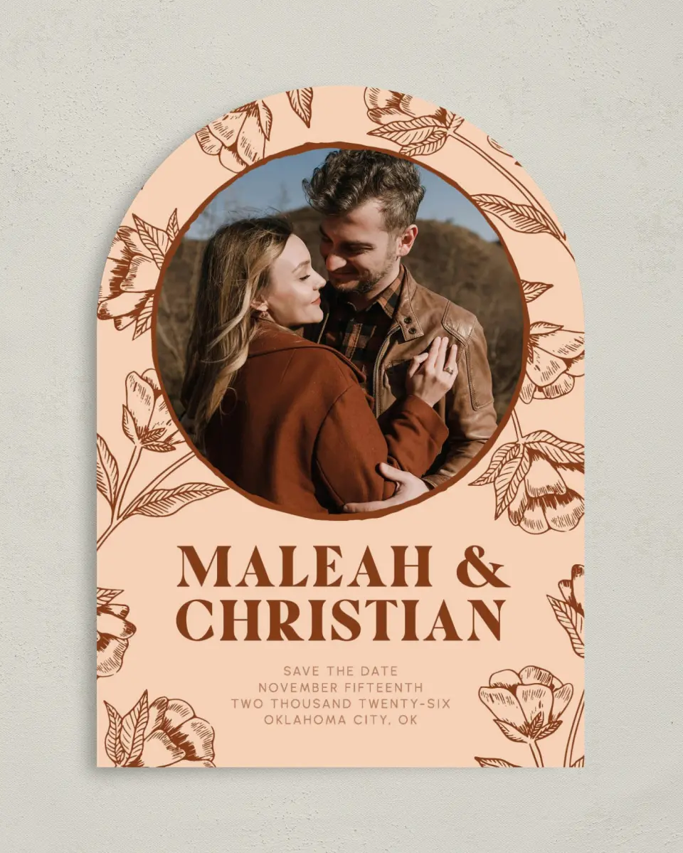 This is a 5" x 7" Arch Save the Date called Agrestal printed in full color on Premium Smooth paper