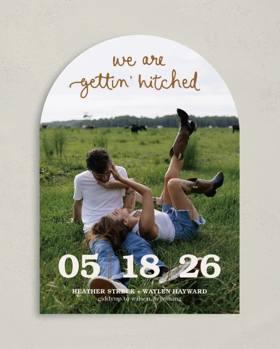 This is a 5" x 7" Arch Save the Date called Head Over Boots printed in full color on Premium Smooth paper