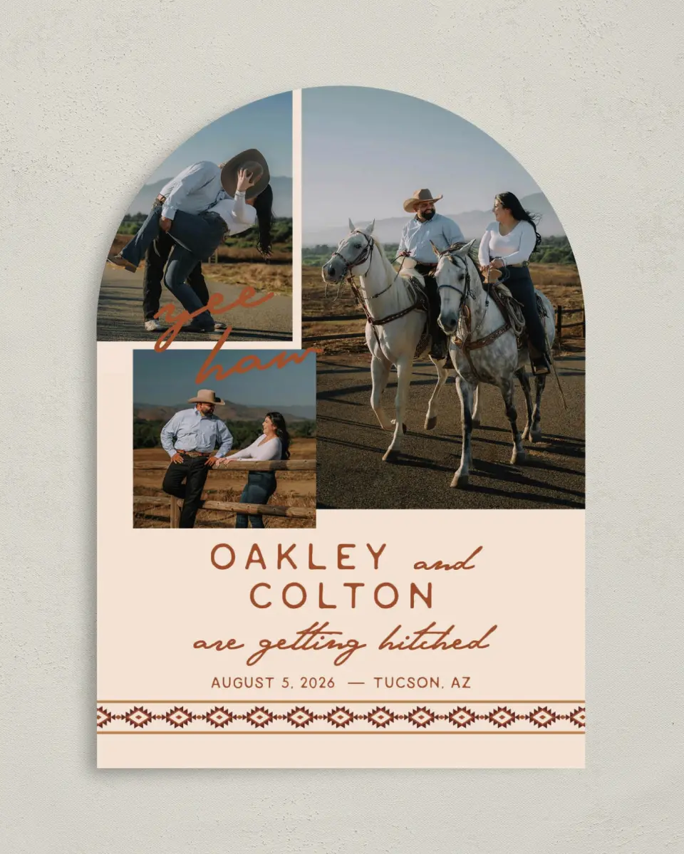 This is a 5" x 7" Arch Save the Date called Wild at Heart printed in full color on Premium Smooth paper