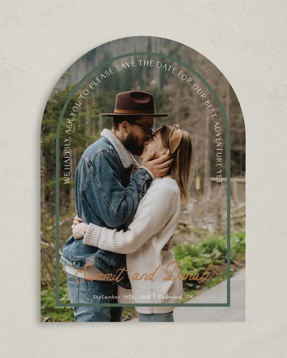 This is a 5" x 7" Arch Save the Date called Elevated Adventures printed in full color on Premium Smooth paper