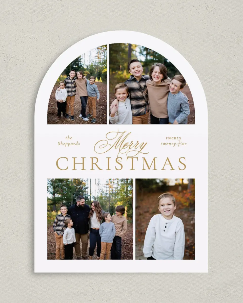 This is a 5" x 7" Christmas Card called Classy Christmas printed in full color with Gold foil on Soft Suede (coated) paper