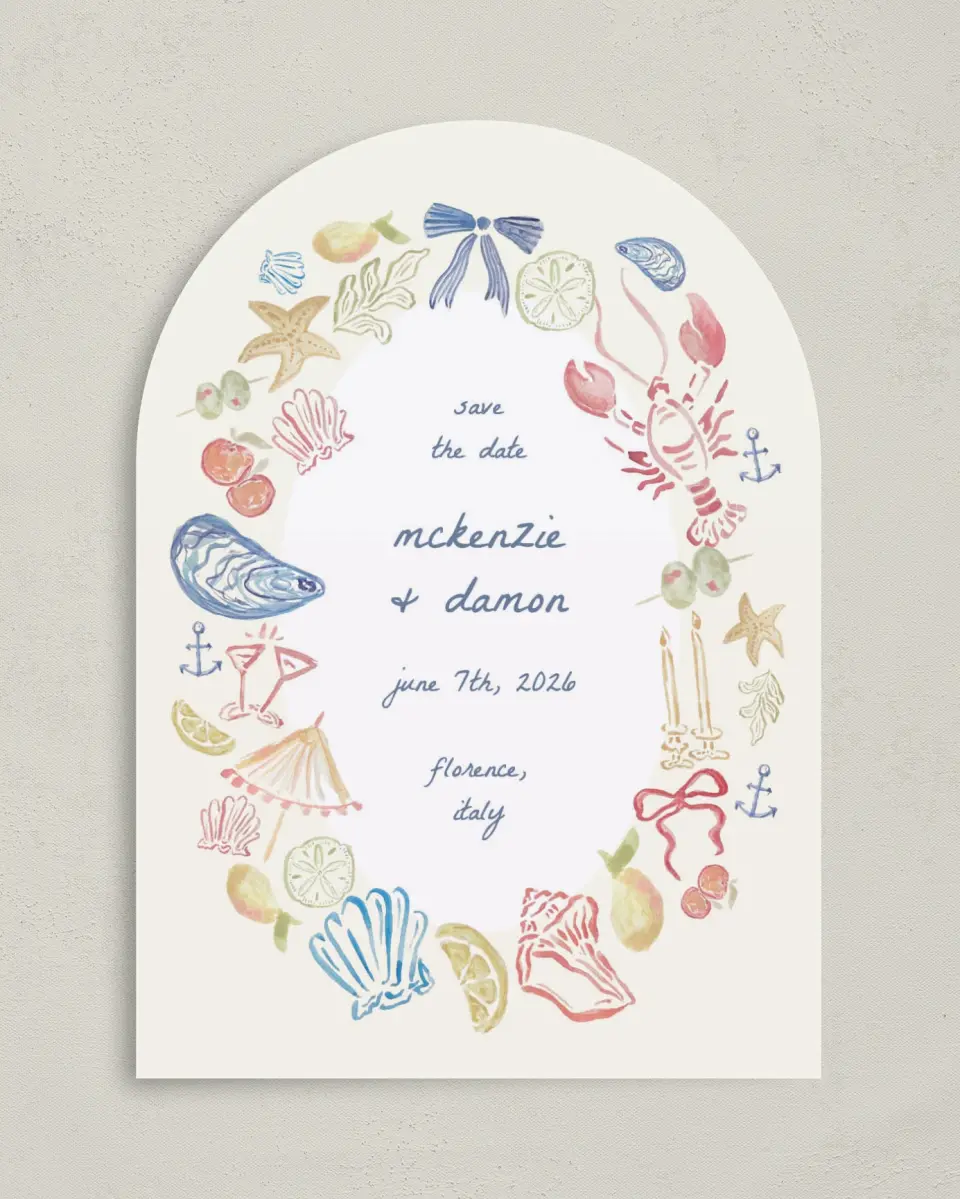 This is a 5" x 7" Arch Save the Date called Positano Daydream printed in full color on Premium Smooth paper