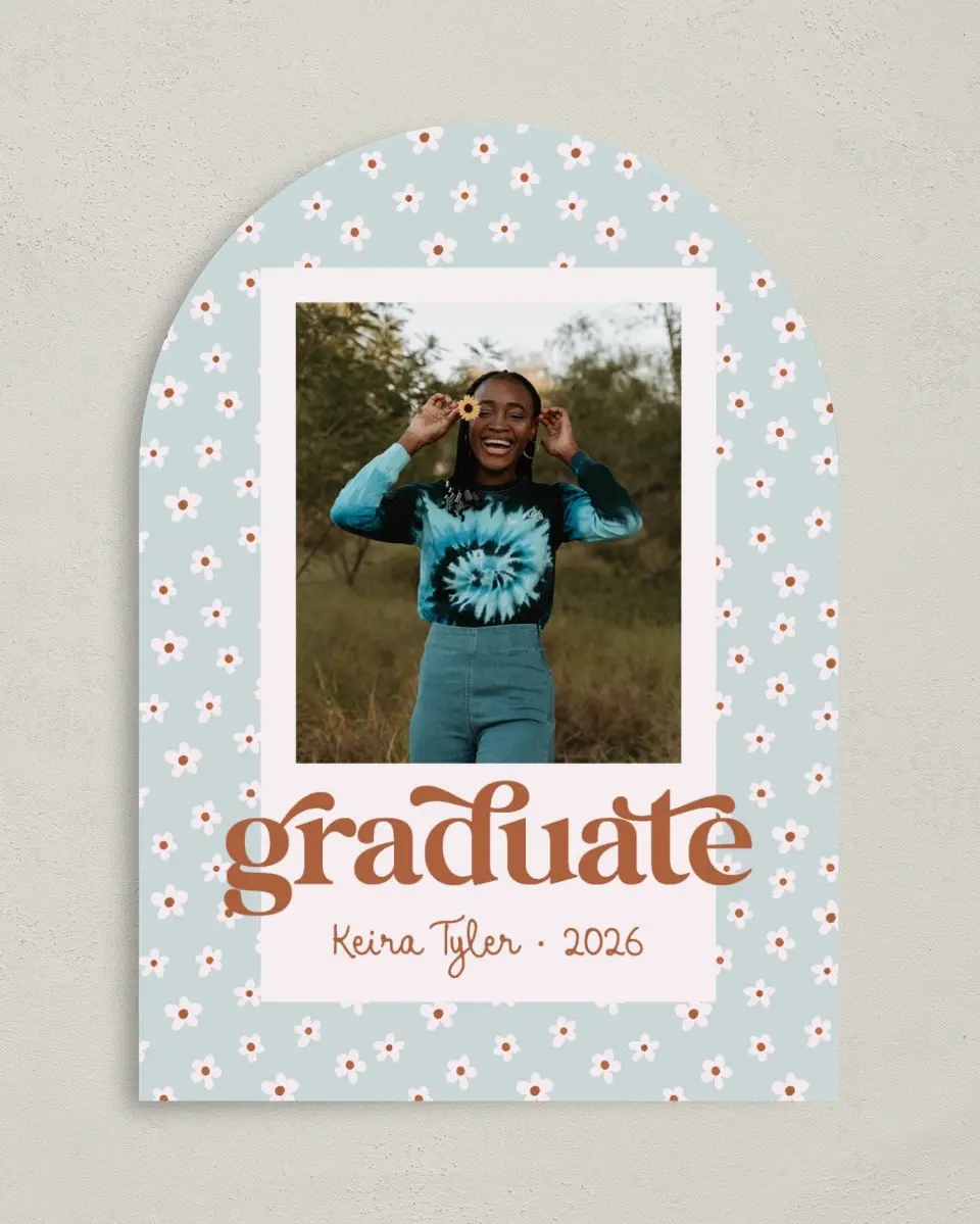 This is a 5" x 7" Graduation Announcement Card called Demure Daisies printed in full color on Premium Smooth paper