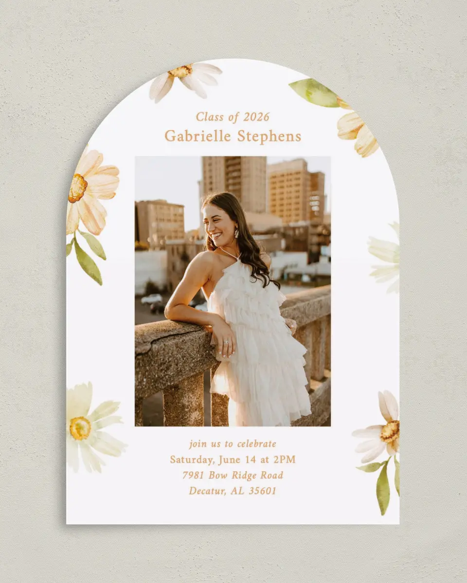 This is a 5" x 7" Graduation Announcement Card called Sunny Blooms printed in full color on Premium Smooth paper