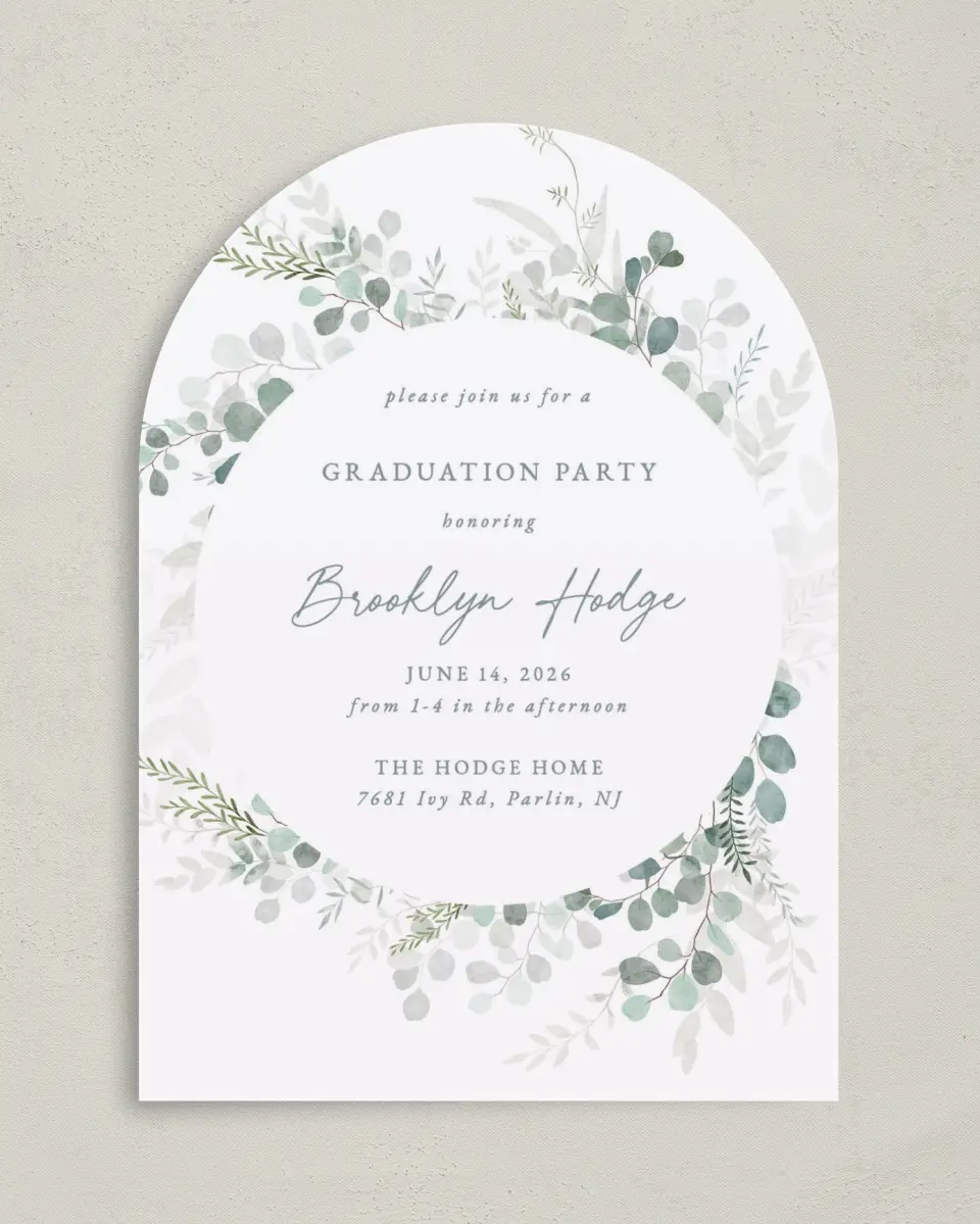 This is a 5" x 7" Graduation Announcement Card called Grad Greenery printed in full color on Premium Smooth paper