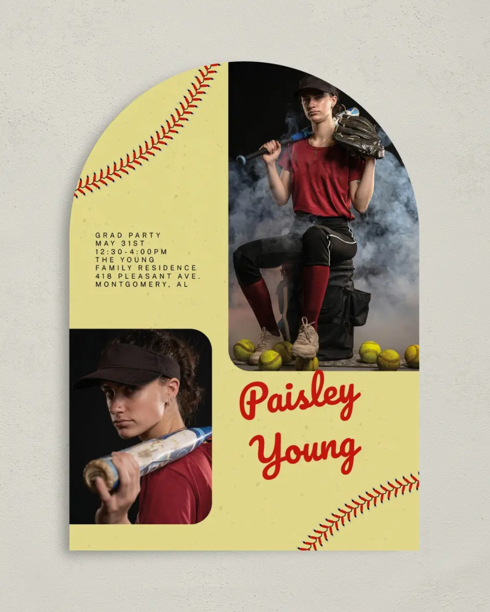 This is a 5" x 7" Graduation Announcement Card called Softball Slugger printed in full color on Premium Smooth paper