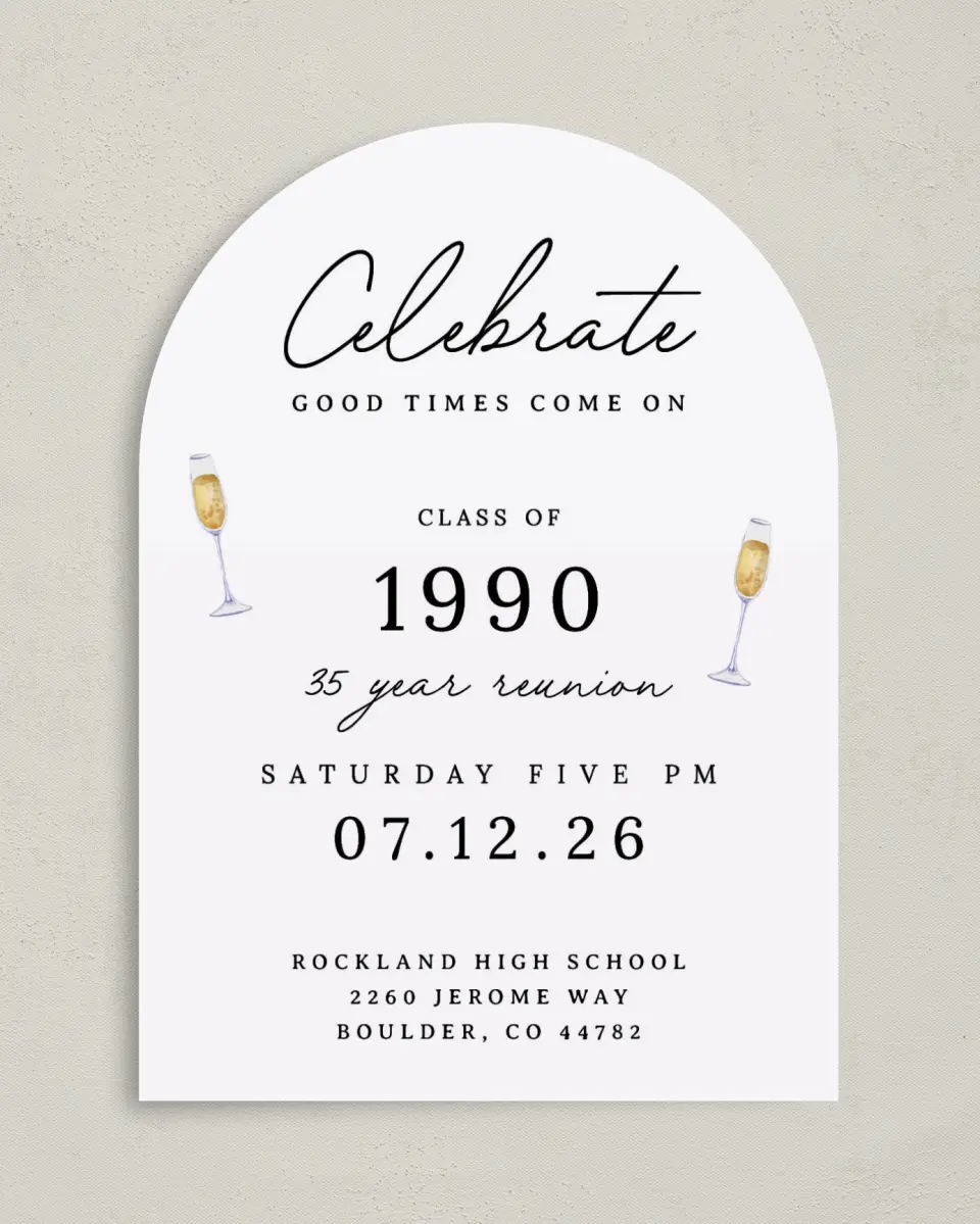 This is a 5" x 7" Class Reunion called Clink Clink printed in full color on Premium Smooth paper