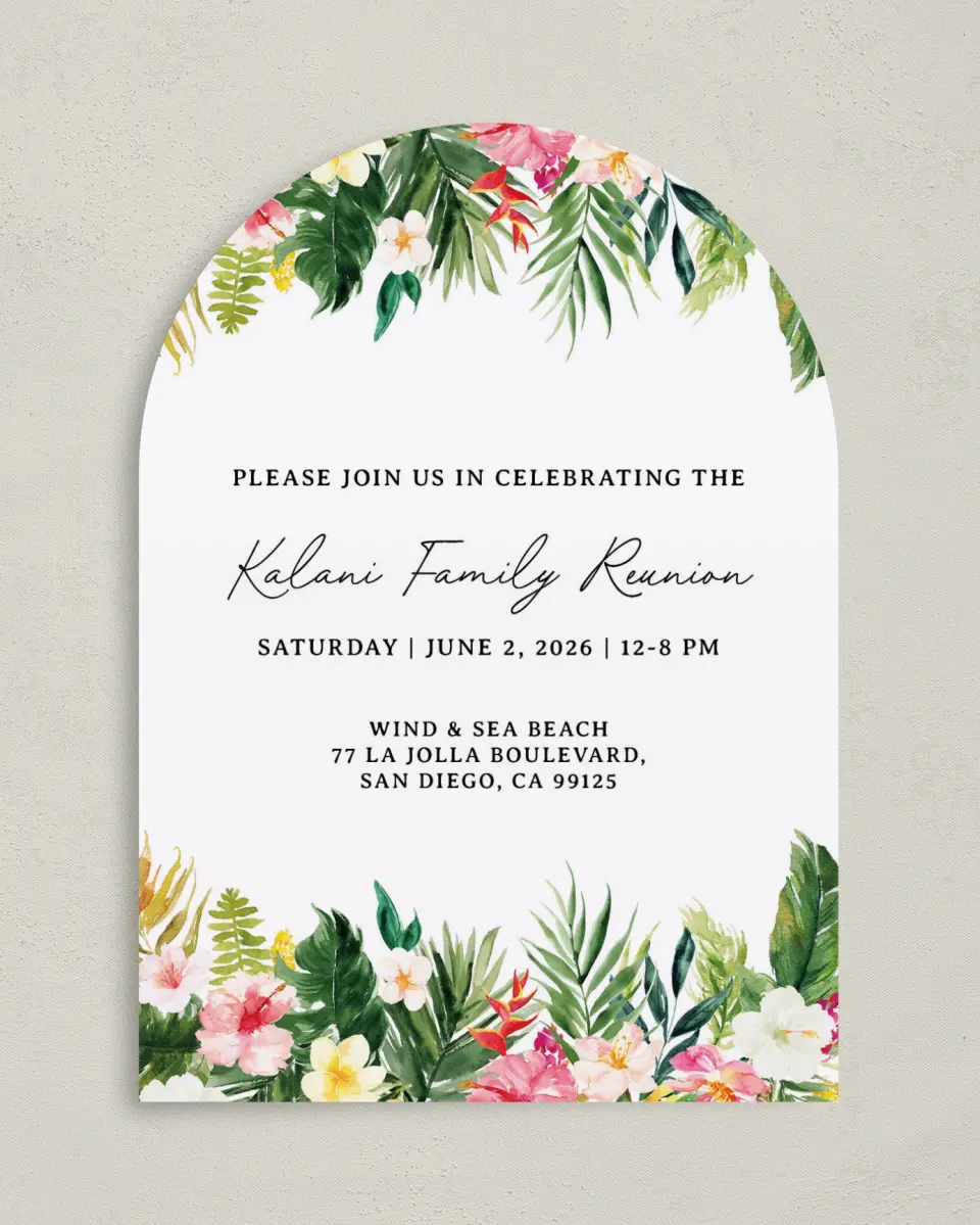 This is a 5" x 7" Family Reunion called Hibiscus and Fern printed in full color on Premium Smooth paper