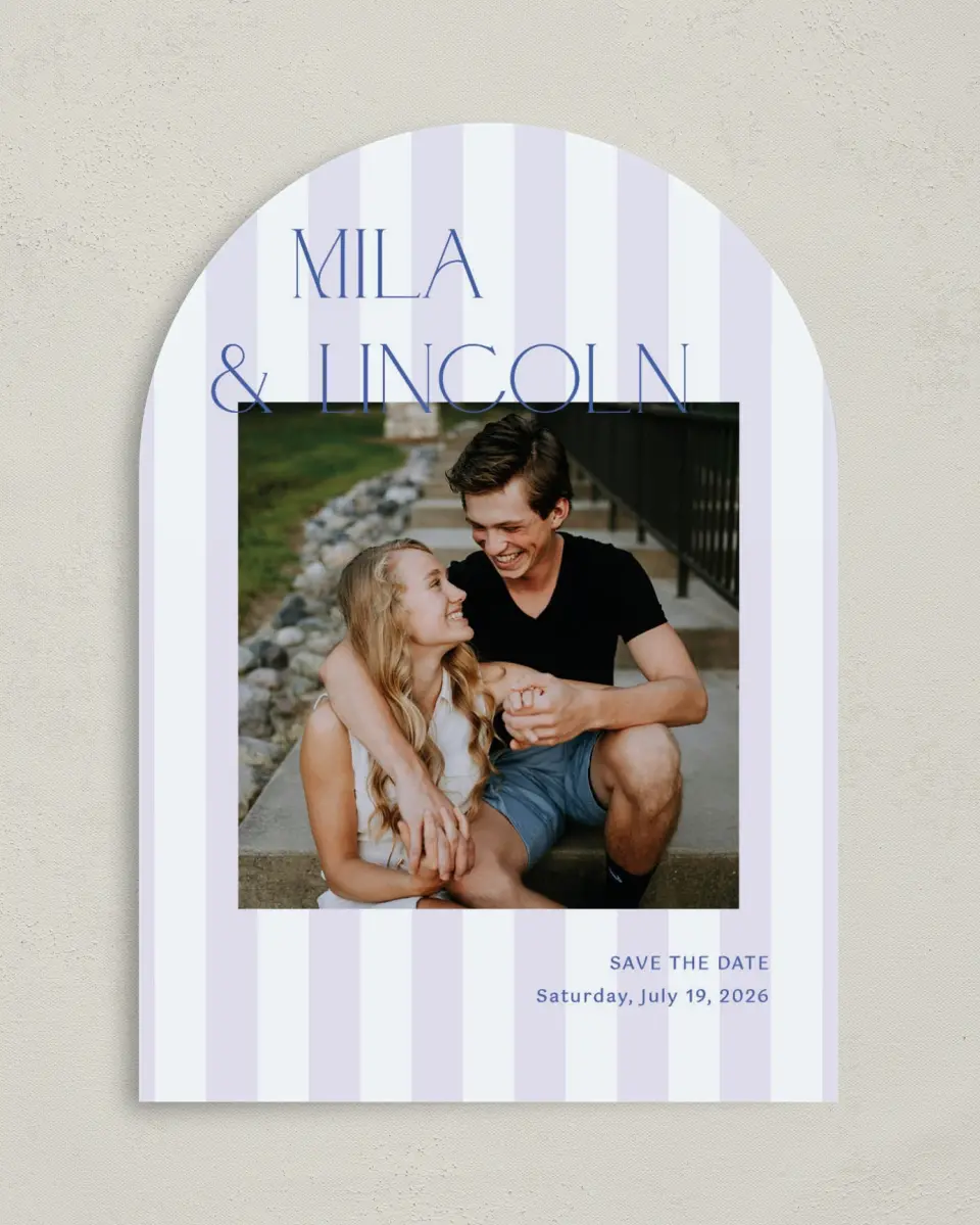 This is a 5" x 7" Arch Save the Date called The Mila printed in full color on Premium Smooth paper