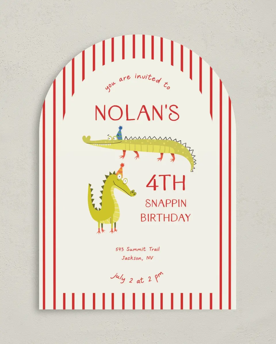 This is a 5" x 7" Birthday Party Invitation called Snappin Birthday printed in full color on Premium Smooth paper