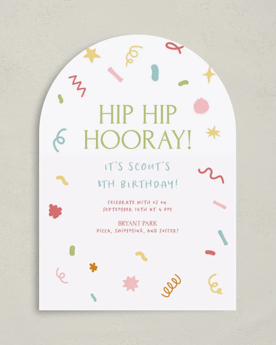 This is a 5" x 7" Birthday Party Invitation called Hip Hip Hooray! printed in full color on Premium Smooth paper