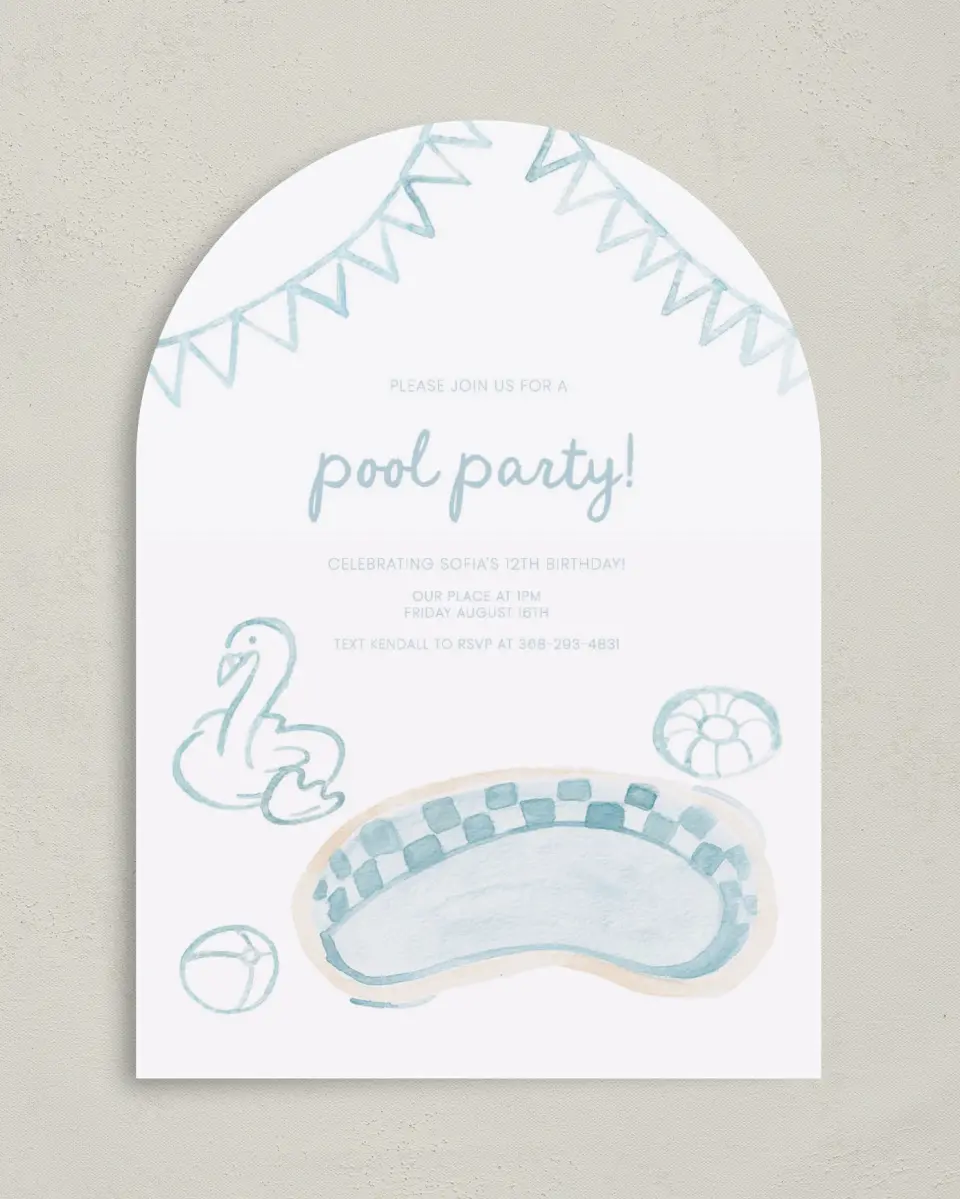 This is a 5" x 7" Birthday Party Invitation called Pool Party printed in full color on Premium Smooth paper