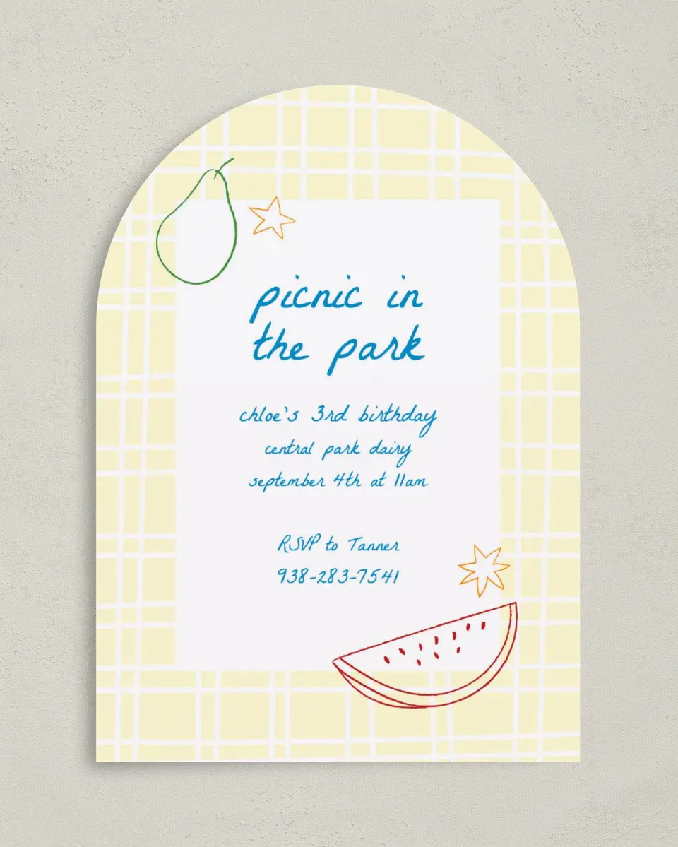 This is a 5" x 7" Birthday Party Invitation called Park Picnic printed in full color on Premium Smooth paper