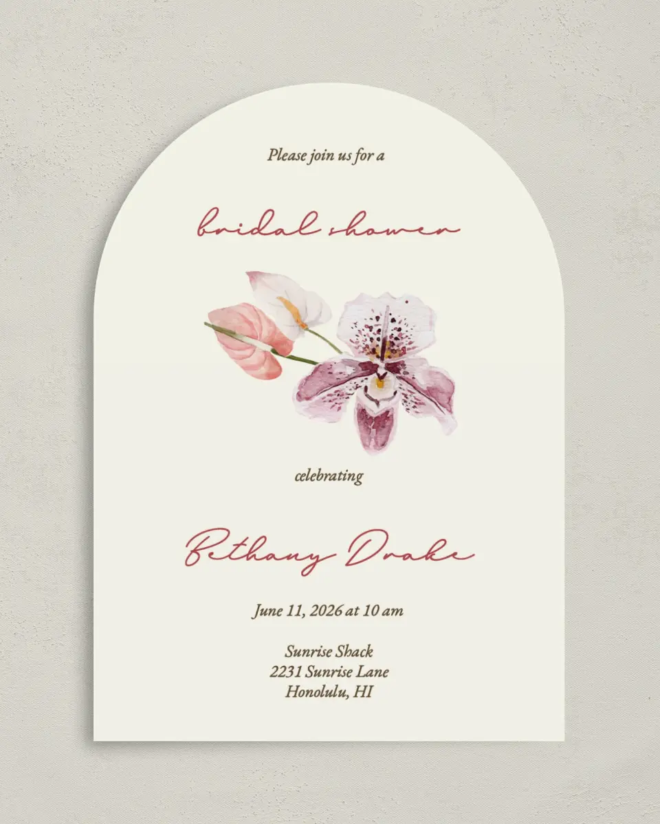 This is a 5" x 7" Bridal Shower Invitation called Orchid Oasis printed in full color on Premium Smooth paper