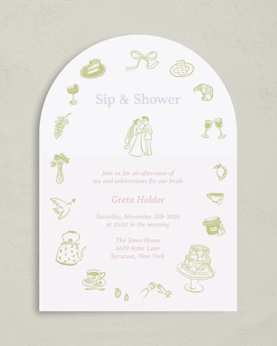 This is a 5" x 7" Bridal Shower Invitation called Sip and Shower printed in full color with Silver foil on Luxe Satin paper