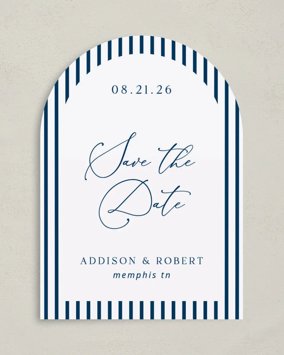 This is a 5" x 7" Arch Save the Date called The Addison printed in full color on Premium Smooth paper