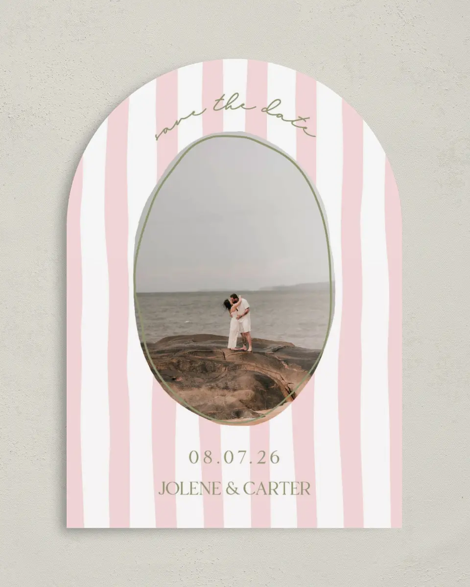 This is a 5" x 7" Arch Save the Date called The Jolene printed in full color on Premium Smooth paper