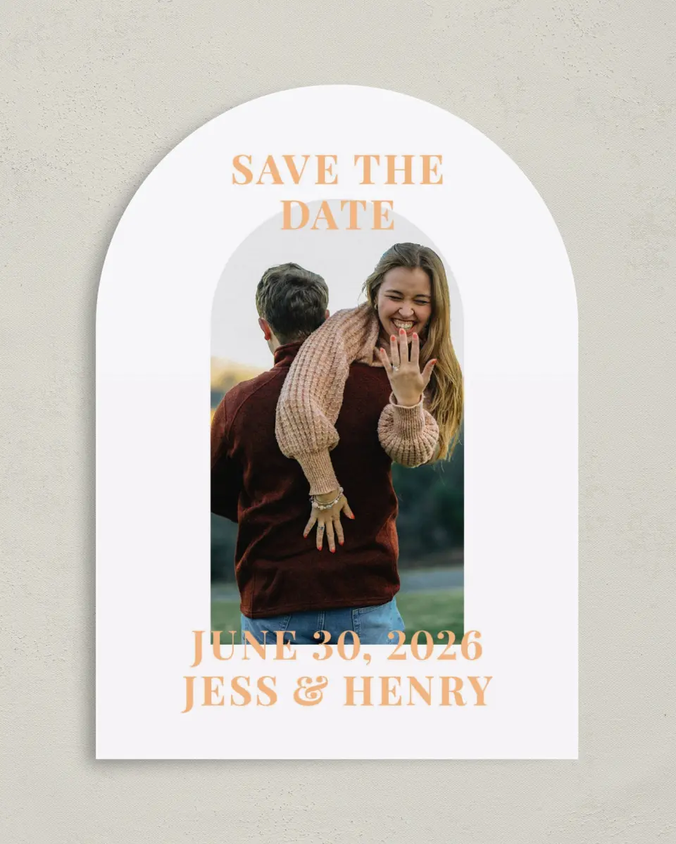 This is a 5" x 7" Arch Save the Date called The Jess printed in full color on Premium Smooth paper