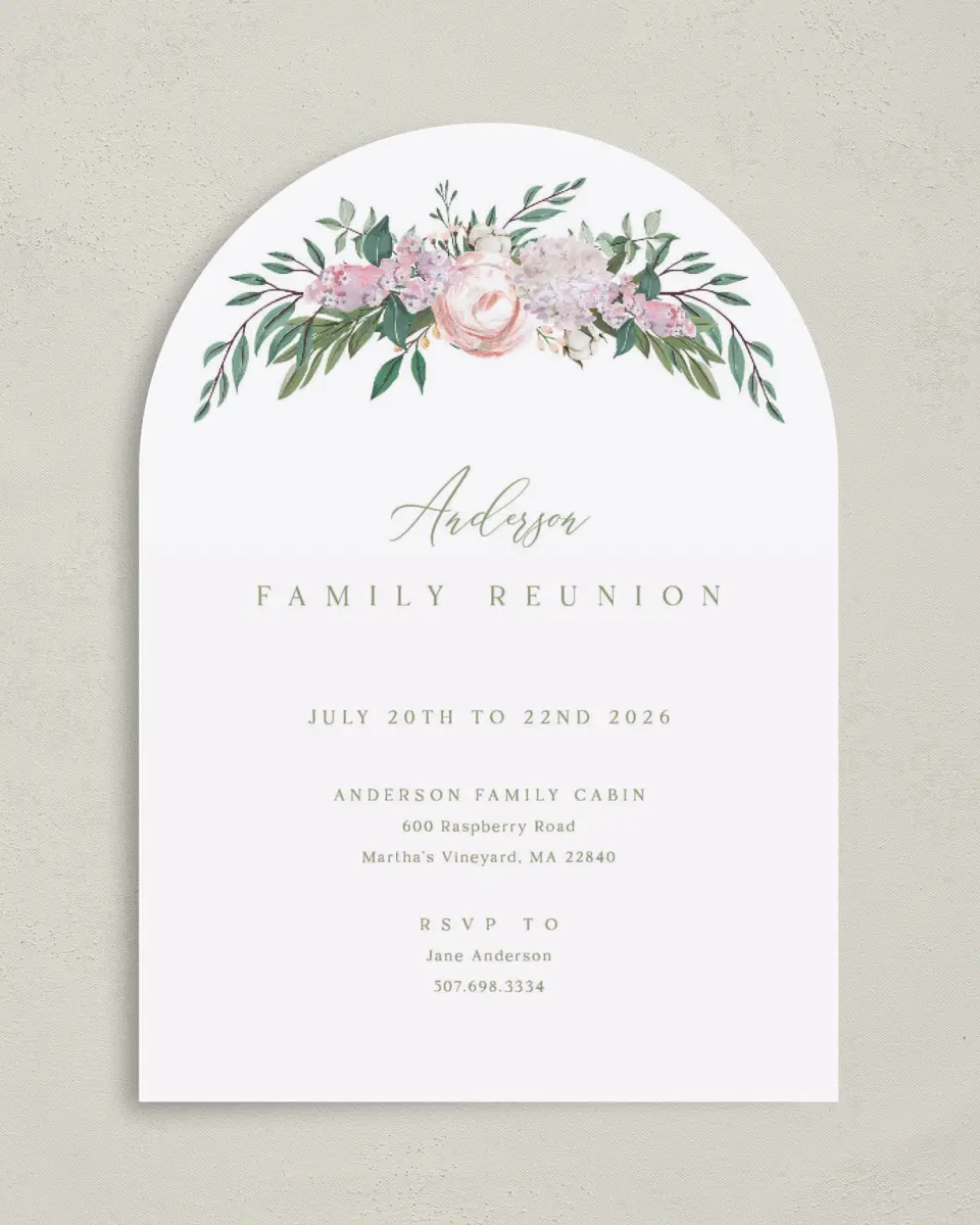 This is a 5" x 7" Family Reunion called Floral Canopy printed in full color on Premium Smooth paper