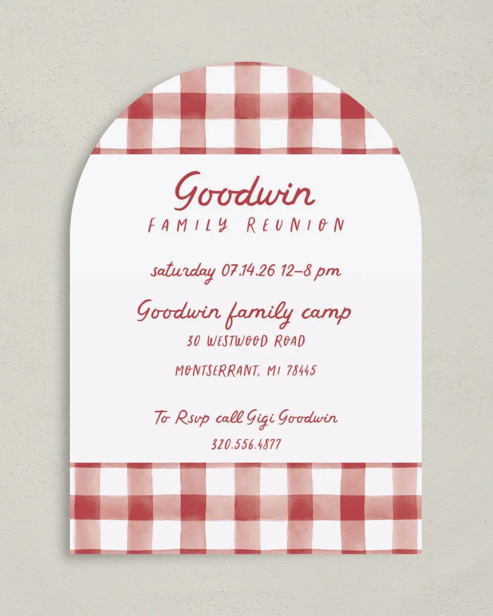 This is a 5" x 7" Family Reunion called Glad and Gingham printed in full color on Premium Smooth paper