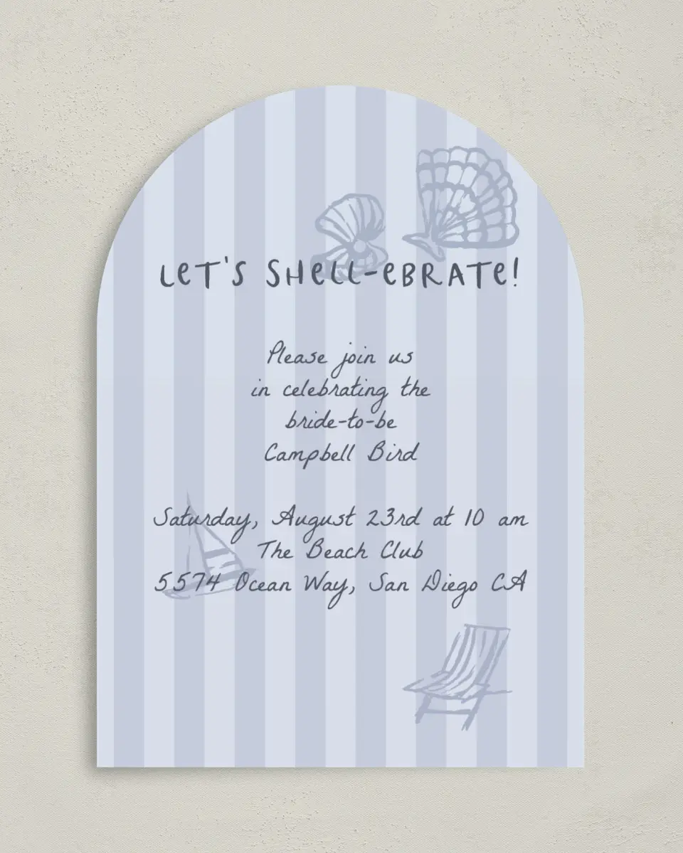 This is a 5" x 7" Bridal Shower Invitation called Shell-ebrate printed in full color with Gold foil on Luxe Satin paper