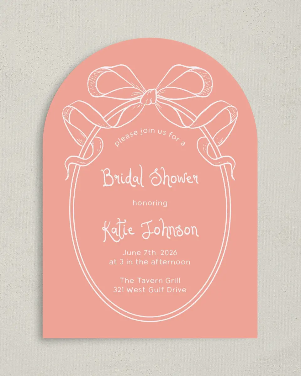This is a 5" x 7" Bridal Shower Invitation called Bridal Bow printed in full color on Premium Smooth paper
