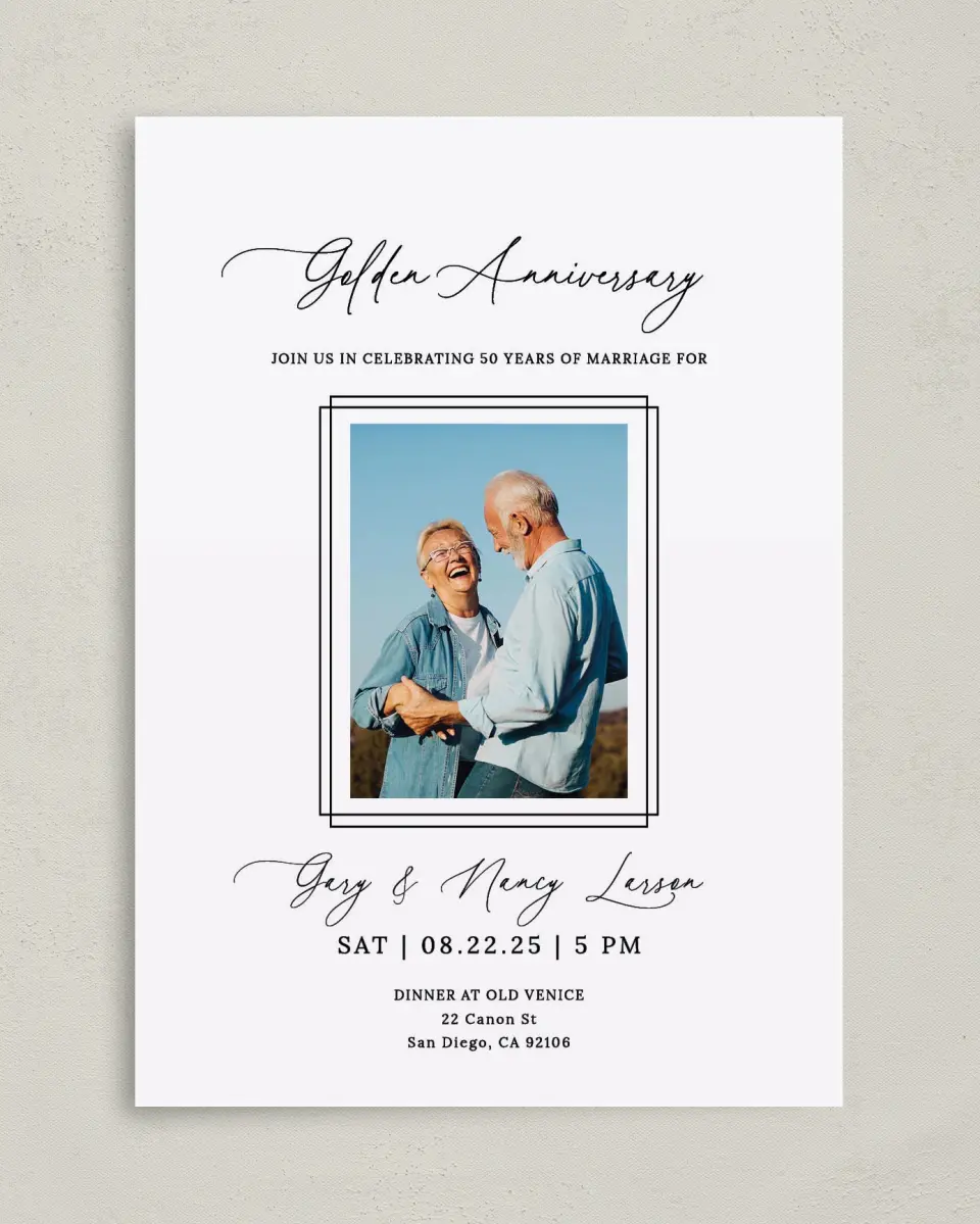 This is a 5" x 7" Anniversary Invitation called Framed Love printed in full color on Premium Smooth paper